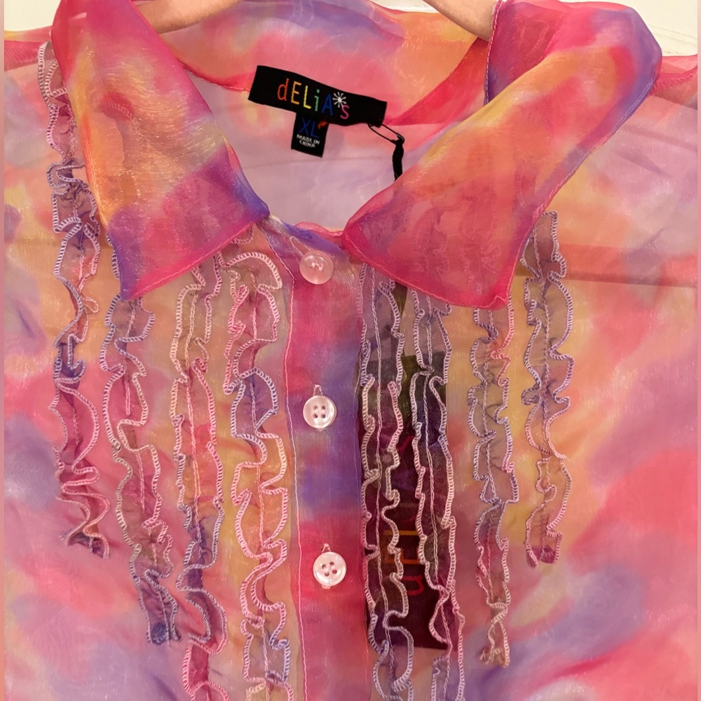 Dolls Kill Pastel Tie-Dye Sheer Button-Up Dress in Pink, Yellow & Purple - Picture 2 of 3